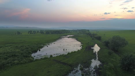 aerial view of a river flowing through a green field at sunset