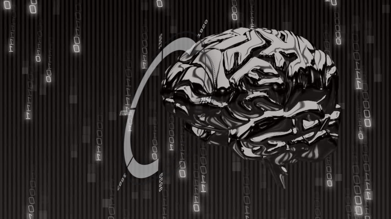 Animation of binary coding and data processing with human brain over black background