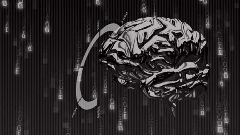 animation of binary coding and data processing with human brain over black background