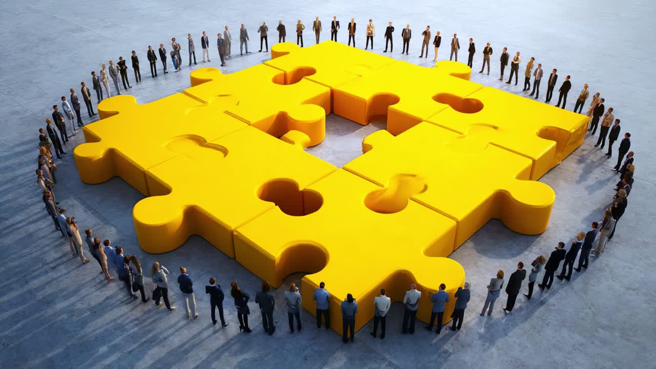 Collaboration and Unity: A Group of People Surrounding Large Connecting Puzzle Pieces Representing Teamwork, Problem Solving, and Collective Efforts to Achieve Common Goals
