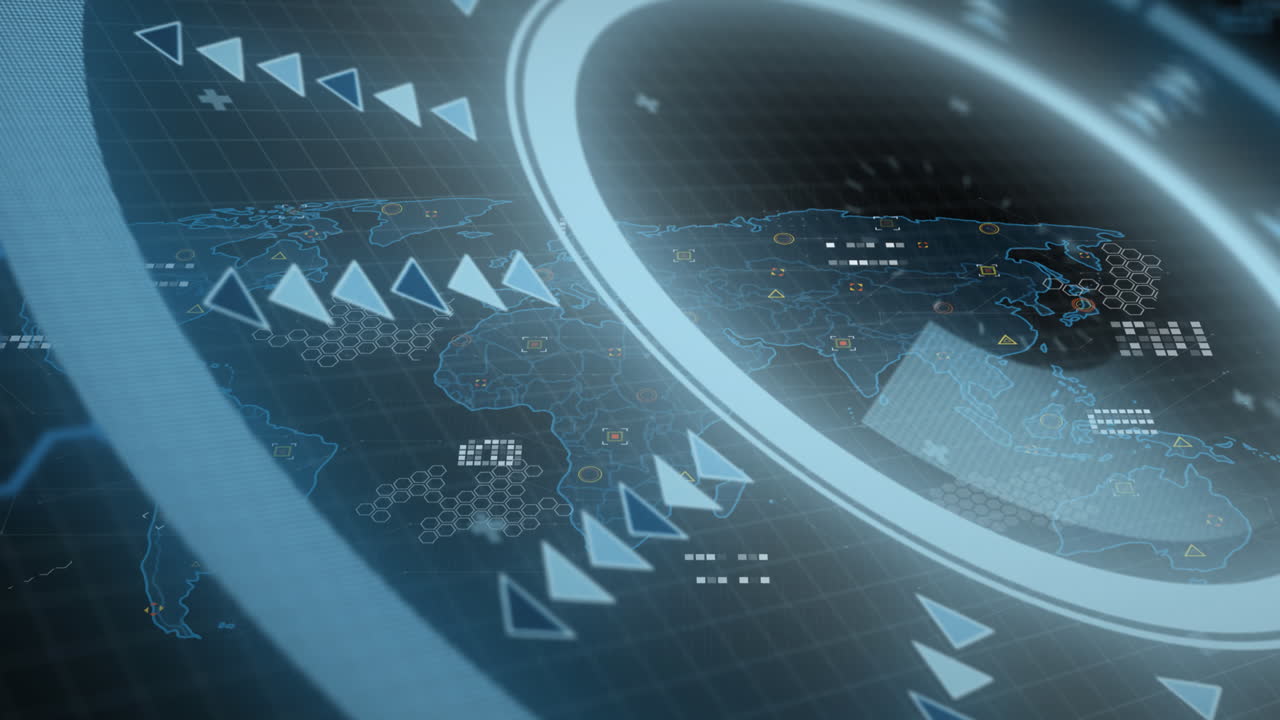 검은 바탕 위의 데이터 처리 및 세계 지도의 애니메이션