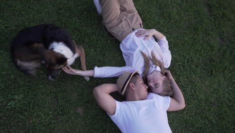 couple lying on the grass. top view