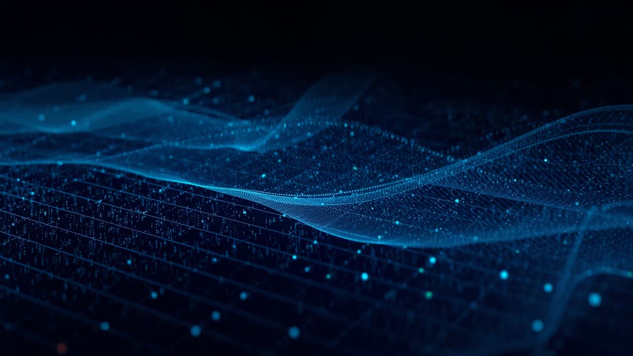 Data wave pulsating and undulating in digital void after blue mesh grid overlay, showing data flow