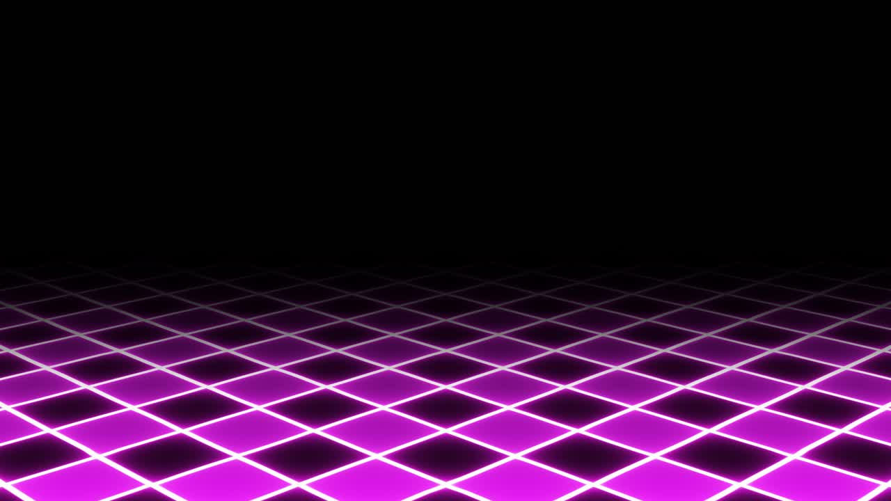 애니메이션: 1980 년대 증기 파동 미학을 연상시키는 역동적인 네온 조명 체커 바닥을 날아다니며, 전기적인 분홍색 색조로 박동하며, 레트로-푸투리스틱한 분위기를 불러일으니다.