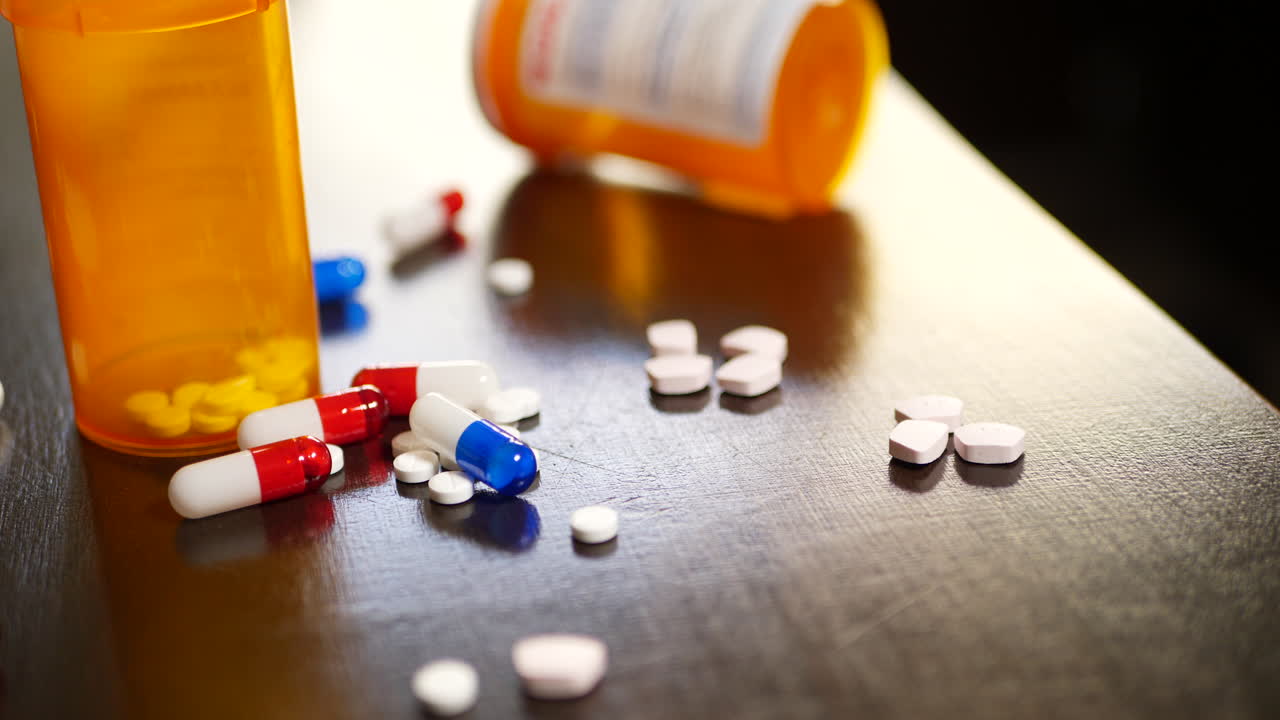 마약 중독자가 처방 진통제 알약, 마약 및 오피오이드를 쏟아 붓고 움켜 쥐고 있습니다.