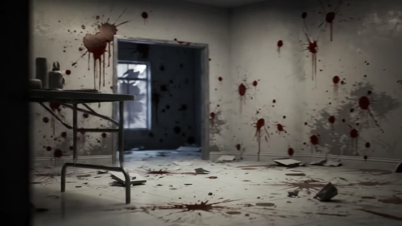 In a dimly lit abandoned room, splatters of red paint cover the walls, and papers lay strewn across the floor. A table stands against the wall, adding to the eerie atmosphere.
