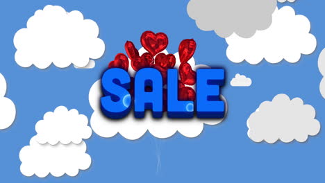 texto de venta contra un montón de globos de corazón rojo flotando en el cielo azul
