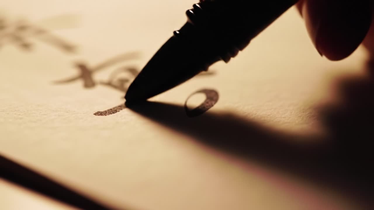 An Intimate View of Calligraphy in Progress, Showcasing the Elegant Stroke of a Brush Pen on Rich Paper, Capturing the Art of Traditional Writing
