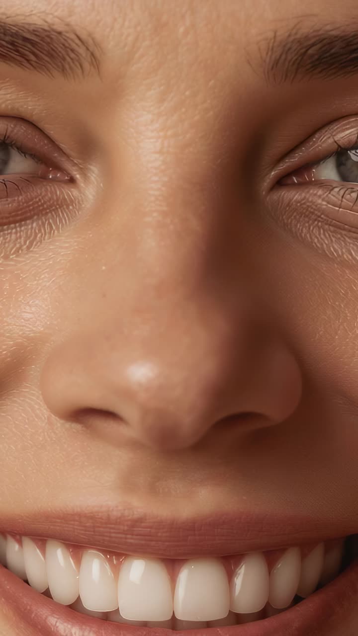 Vertical video: Smiling woman revealing fuller smile while camera widening showing teeth in studio