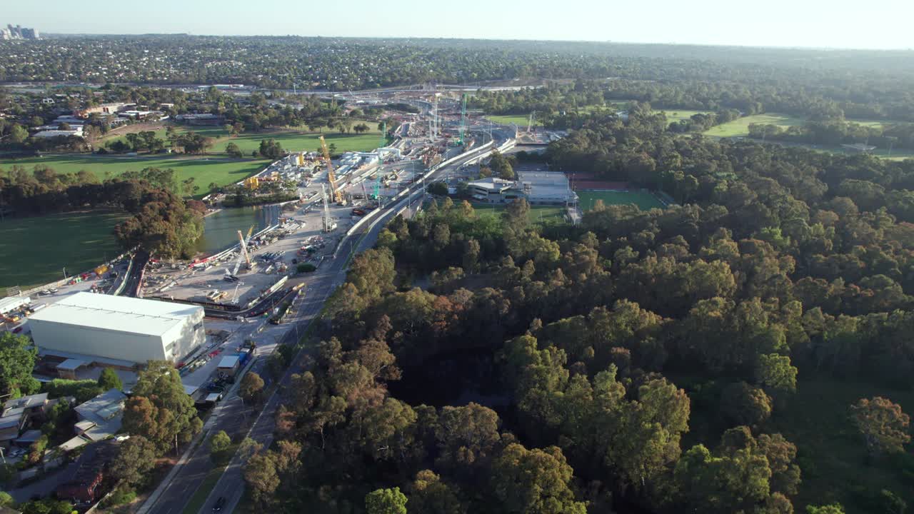 Aerial view looking south along Bulleen Road towards the Eastern Freeway during construction of the North East Link project in December 2024, Victoria, Australia.