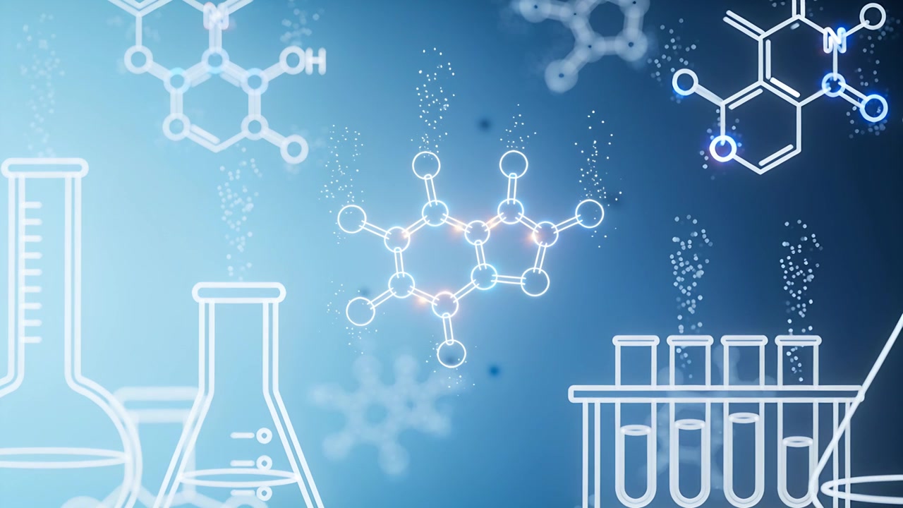 Molecola centrale luminosa che pulsa, emettendo bolle all'inizio dell'animazione in un laboratorio blu con becher.