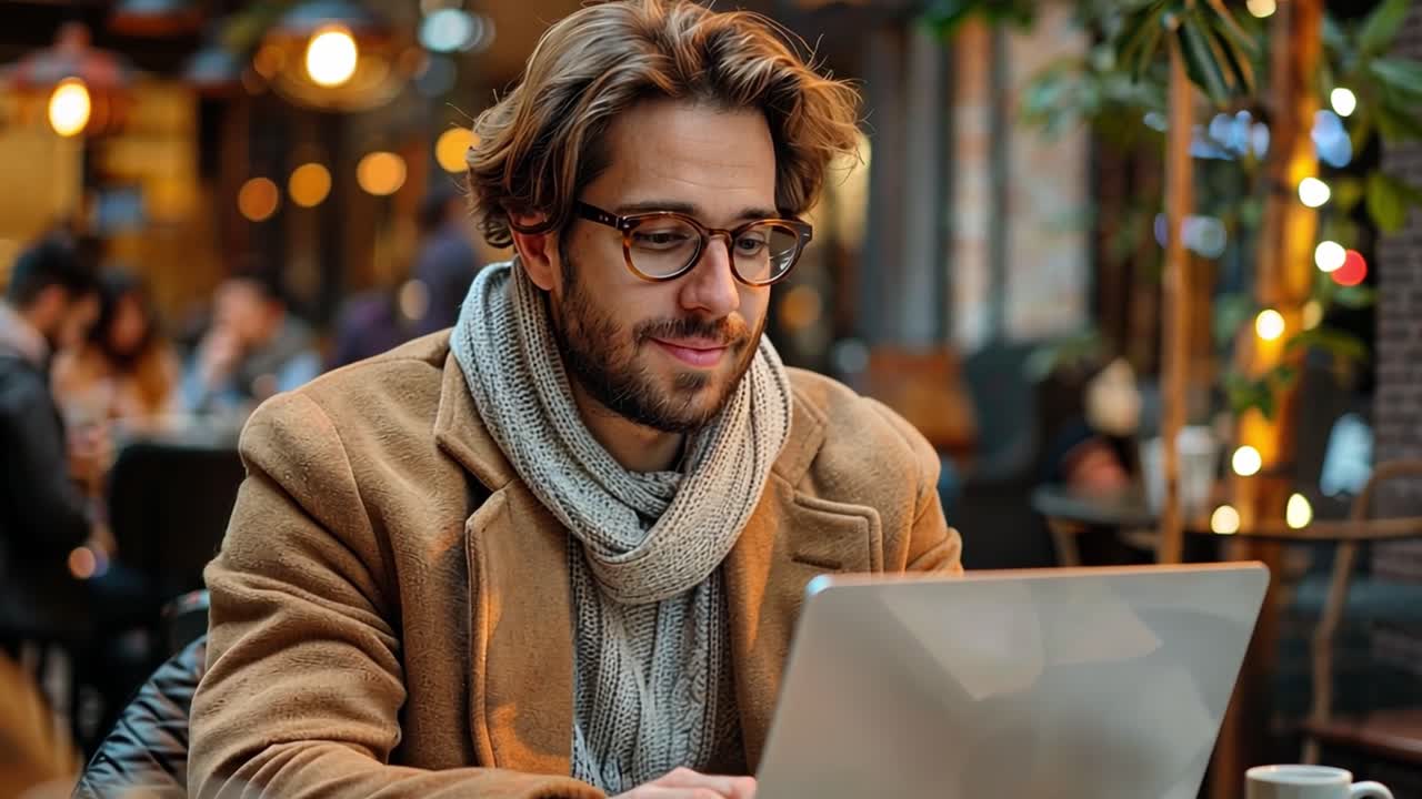 Man Working on Laptop in an Outdoor Cafe