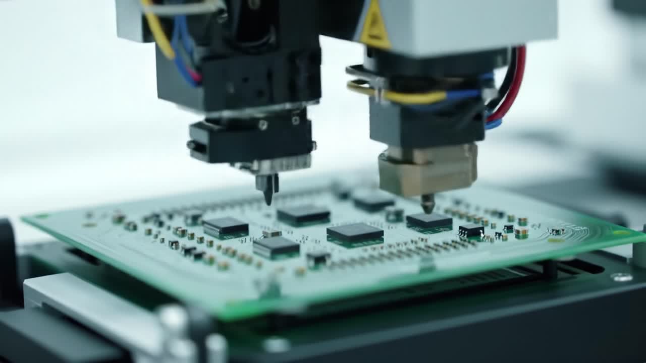 Close-up of a microchip assembly process showcasing precision machinery at a modern electronics manufacturing site. Engineers oversee operations to ensure quality and efficiency in production.