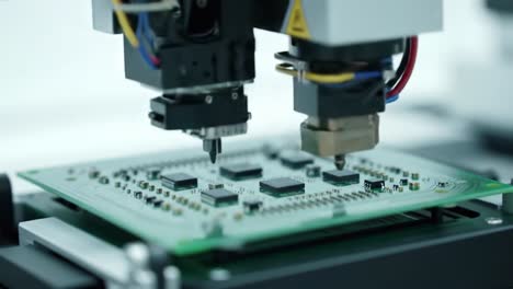 close-up of a microchip assembly process showcasing precision machinery at a modern electronics manufacturing site. engineers oversee operations to ensure quality and efficiency in production.