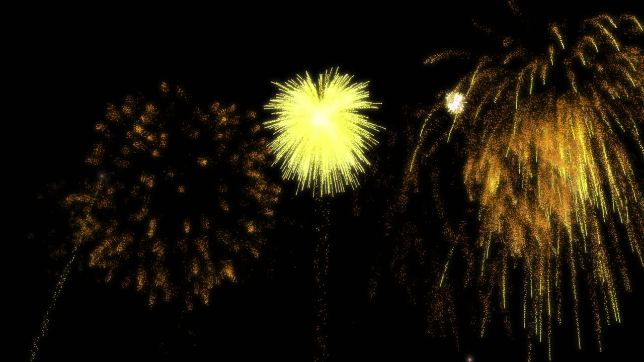 Animazione di fuochi d'artificio con esplosioni giallo brillante e oro su sfondo nero