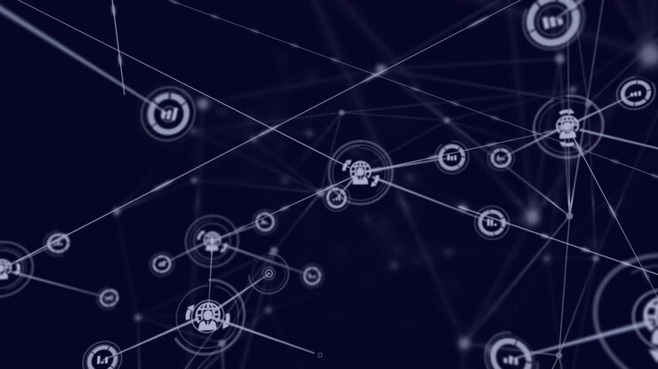 Animazione di una rete di connessioni e di elaborazione dati su sfondo nero.