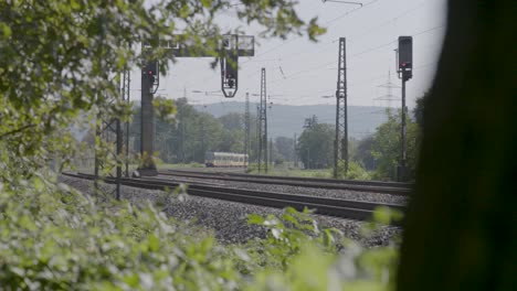 Train-approaching-on-tracks-surrounded-by-green-foliage,-sunny-day