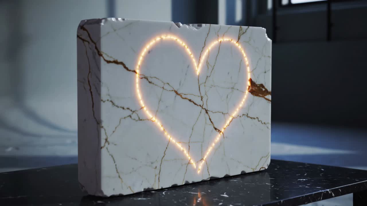 Contorno di cuore che appare su una lastra di marmo bianco illuminata, che si deposita su un tavolo scuro, presentando una venatura dorata