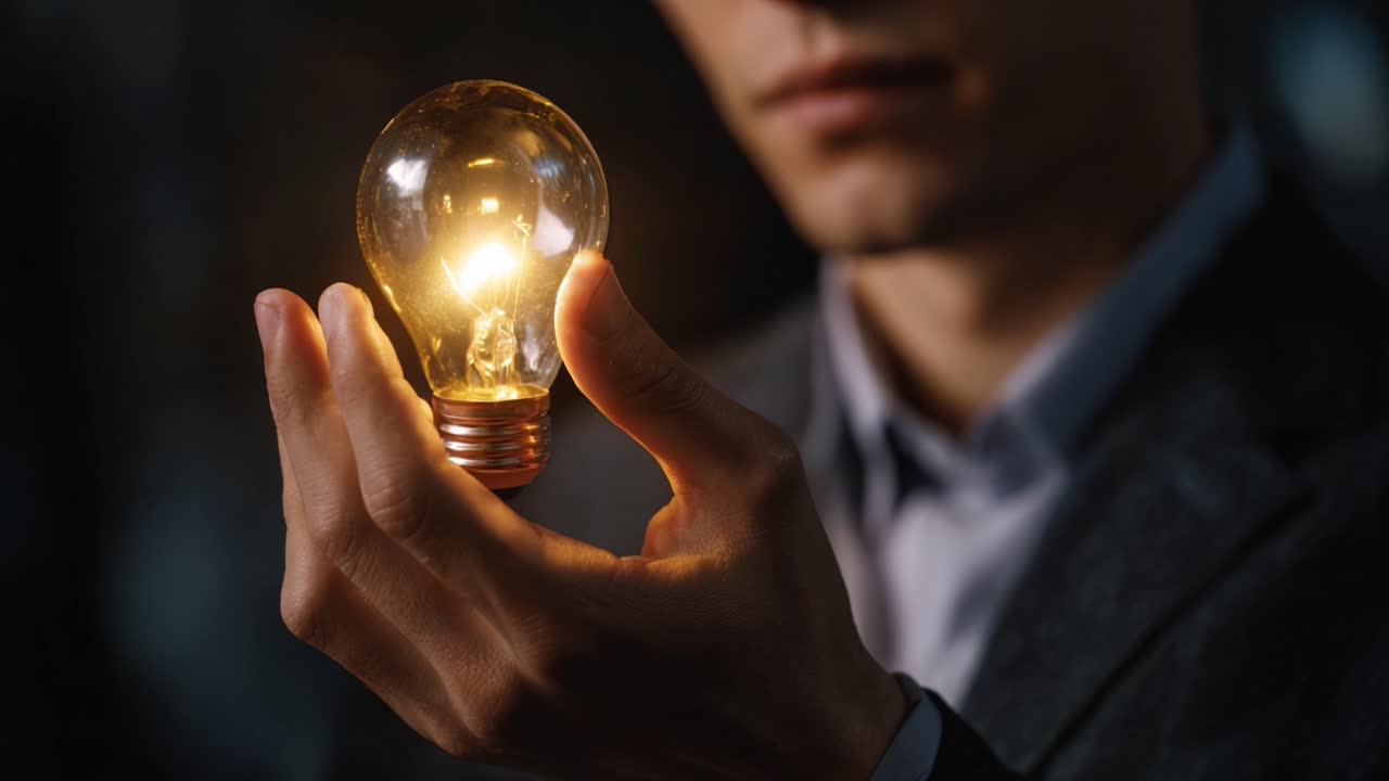 Illuminated Inspiration: A Person Holding a Glowing Light Bulb Symbolizing Ideas and Creativity in a Dimly Lit Environment