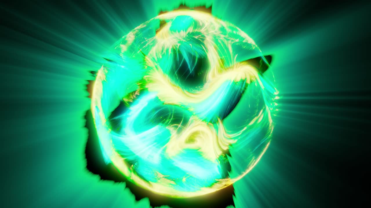 esfera de energía cuántica brillante de color cian naranja con puntos de radiación negra