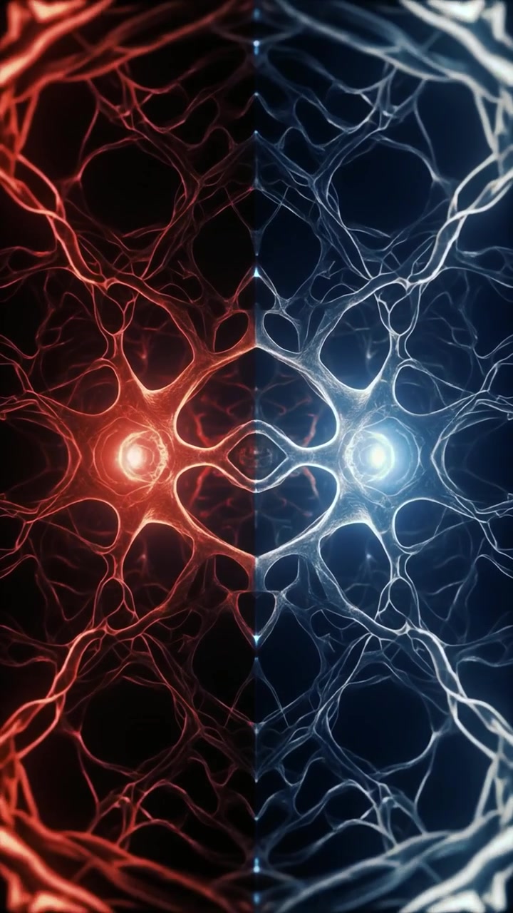 Abstract Neural Network Animation with Red and Blue Glowing Nodes
