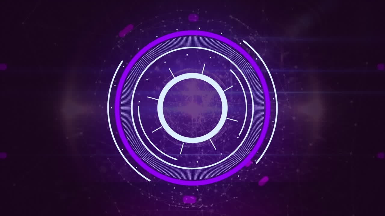 animación de la red de iconos de perfil y rastros de luz sobre el escáner redondo púrpura de neón