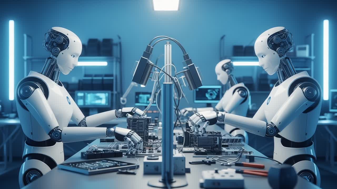 Advanced Robotics in Action: A Glimpse into the Future of Automated Assembly Lines with Humanoid Robots Working Seamlessly on High-Tech Electronic Components