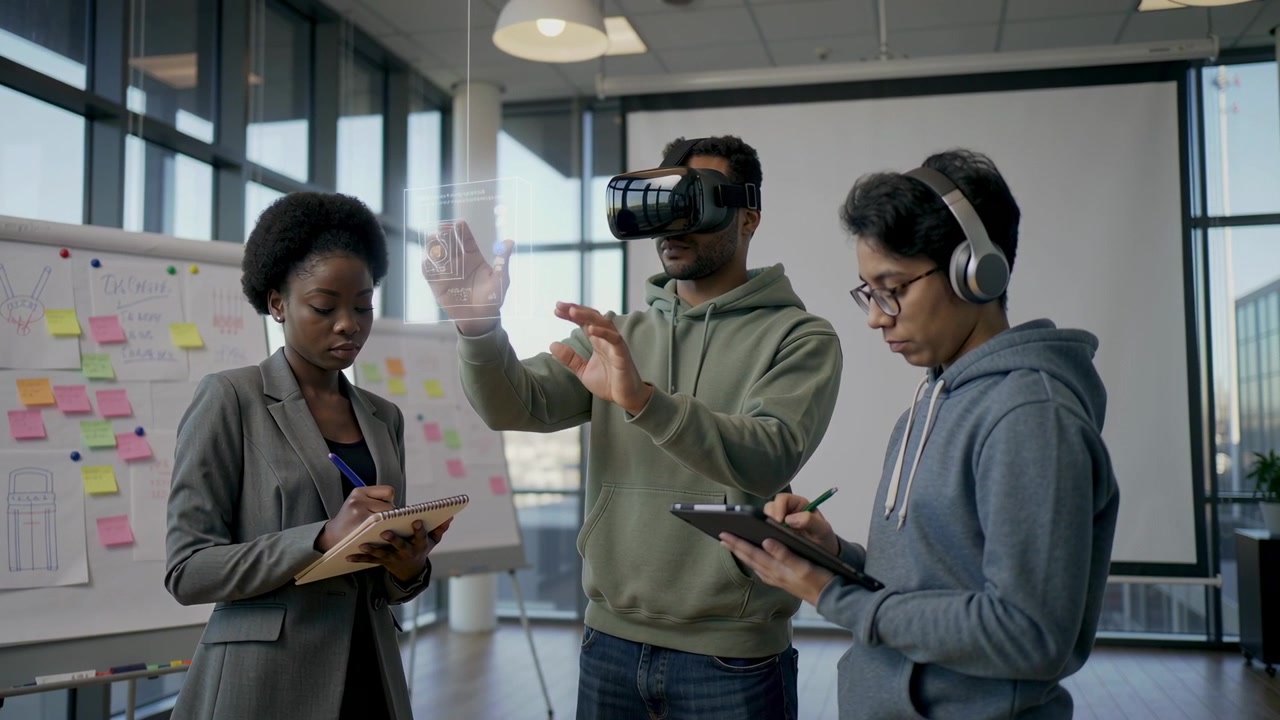 Headset activating, VR user in green hoodie manipulating interface in office for demo with notepad
