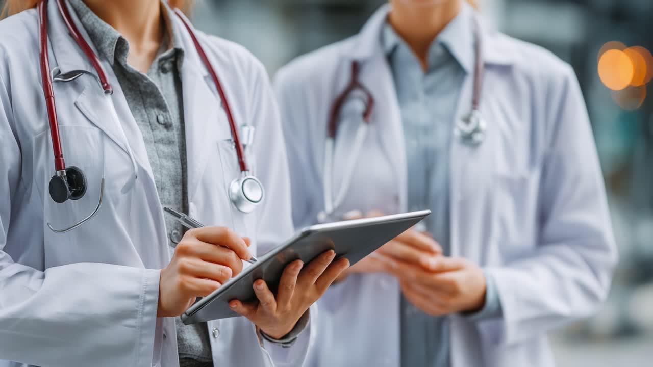 Professionisti Sanitari Collaborano in un Moderno Ambiente Medico: Due Medici Discutono della Cura del Paziente Utilizzando la Tecnologia Digitale per un'Archiviazione Efficiente dei Dati.