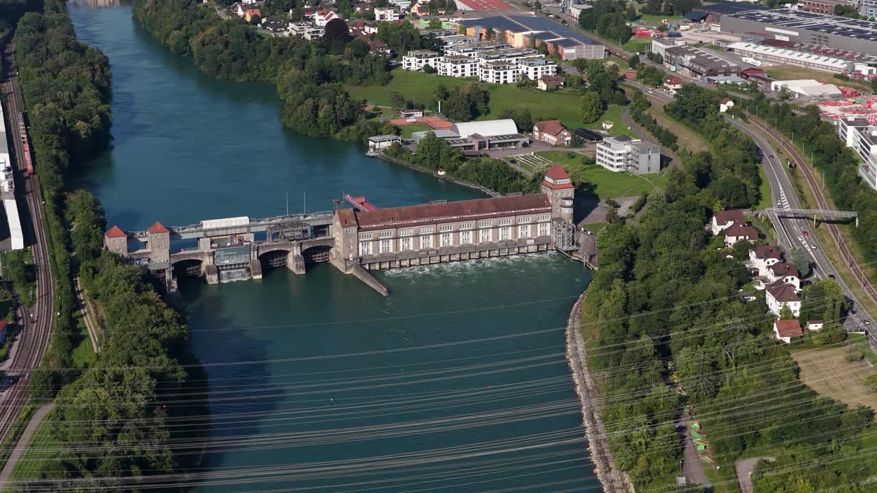 hydropower plant, renewable energy, waterflow, Rhine, Kraftwerk Klingnau, Switzerland, aerial top down video