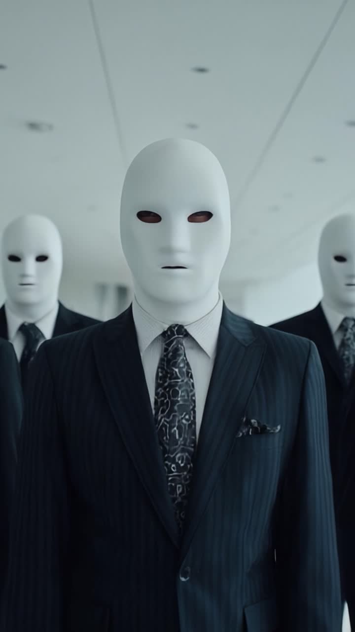Et foruroligende møde med udtryksløse figurer i jakkesæt og masker fanger seere med deres uhyggelige tilstedeværelse i et minimalistisk miljø.