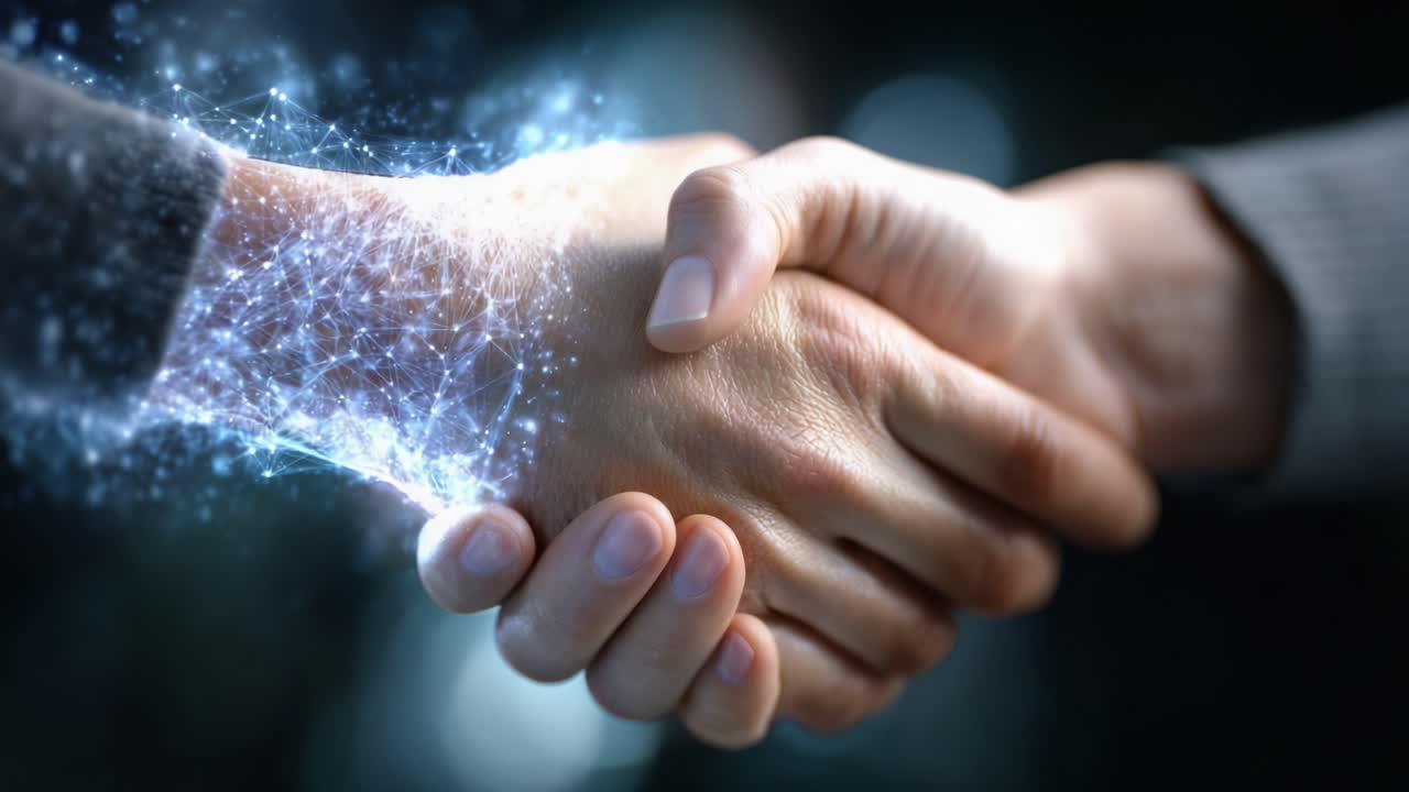 Una partnership dinamica: due mani che si uniscono in una stretta di mano simbolica che rappresenta collaborazione, unità e connessione, arricchita da effetti visivi futuristici