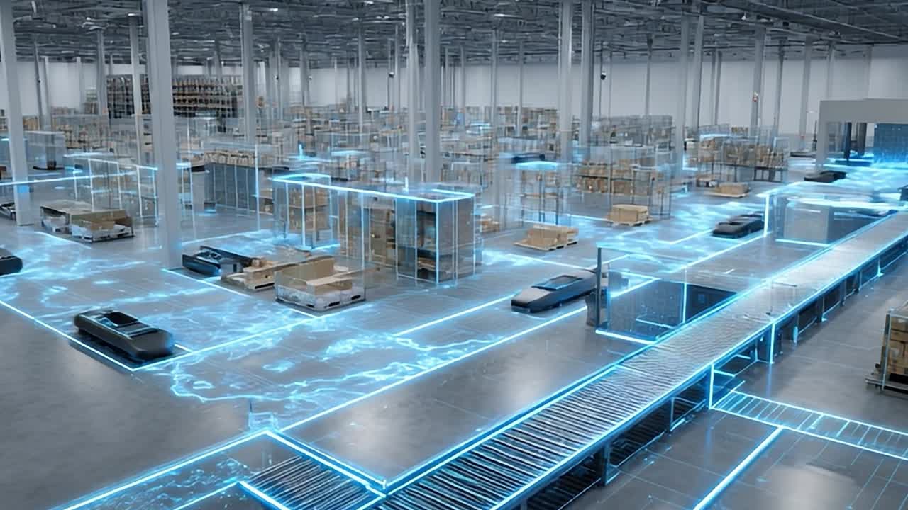 Modern logistics warehouse with automated systems and inventory management