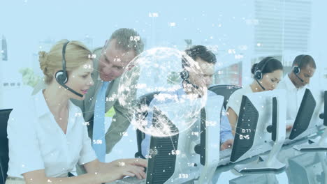 animation of globe with network of connections over business people using computers