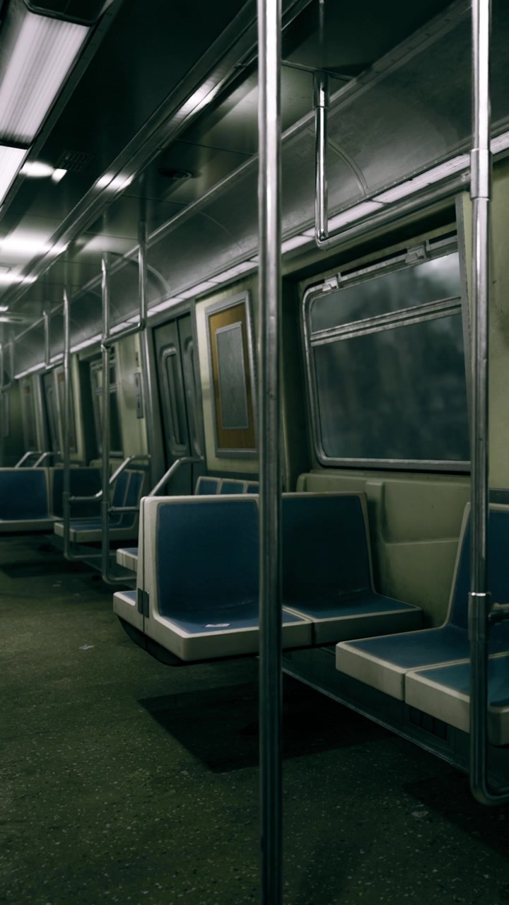 Vagone della metropolitana vuoto in attesa silenziosa del suo prossimo viaggio in città al crepuscolo