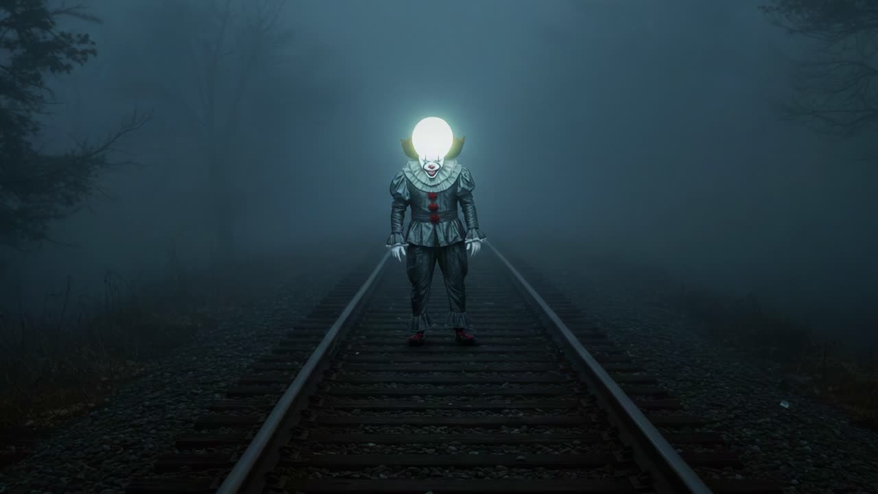 A Mysterious Clown Stands Alone on Foggy Railway Tracks, Illumined by a Radiant Glow in an Eerie Atmosphere, Creating an Unsettling Yet Captivating Scene
