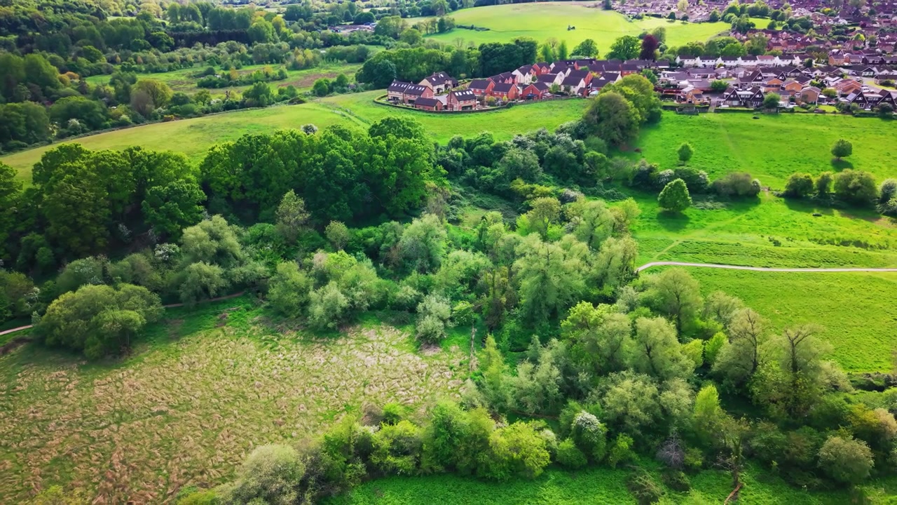 Widok z drona nad zielonym lasem, zaroślami, drzewami i otaczającym krajobrazem wiejskim w Wielkiej Brytanii w wiosenny dzień.