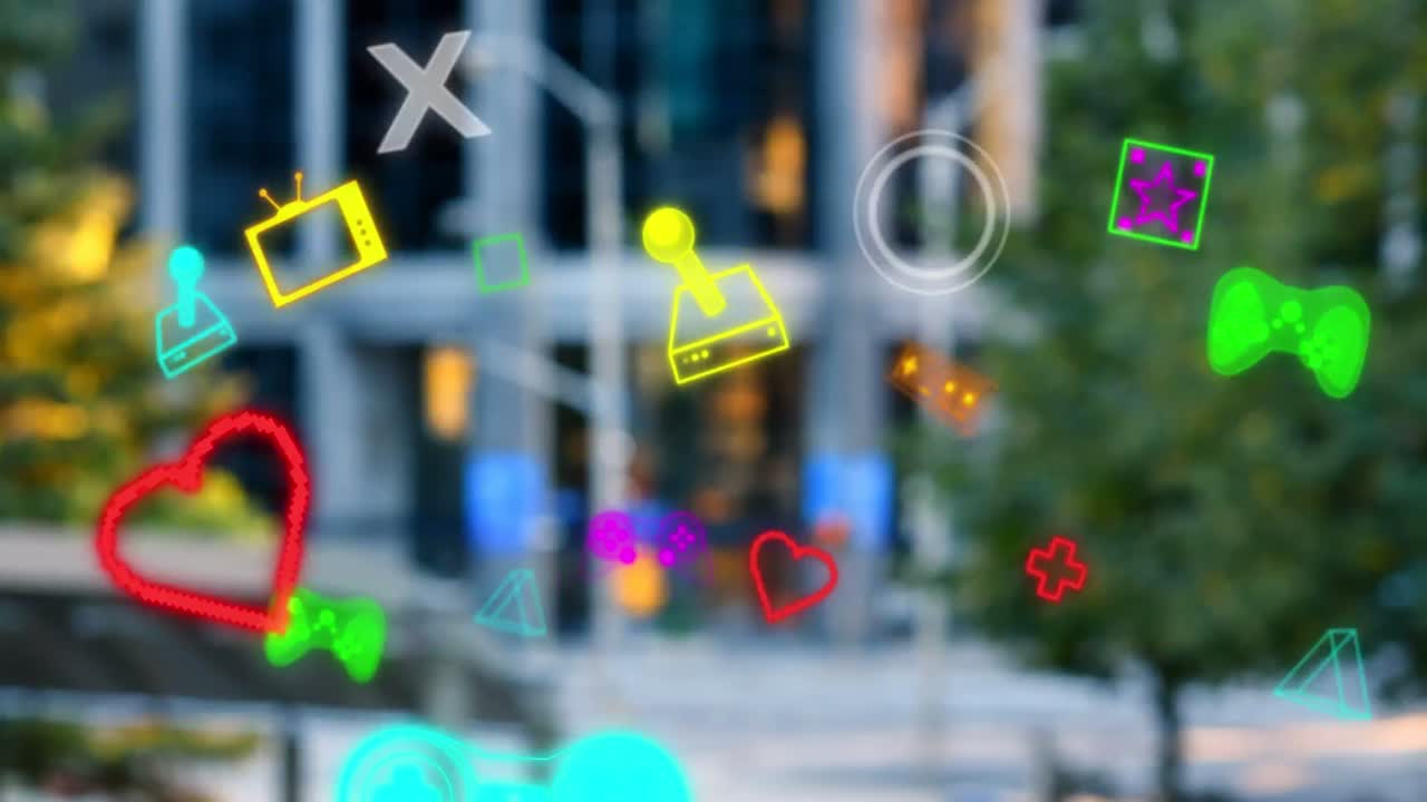 도시 풍경 위에서 움직이는 다양한 네온 모양의 애니메이션