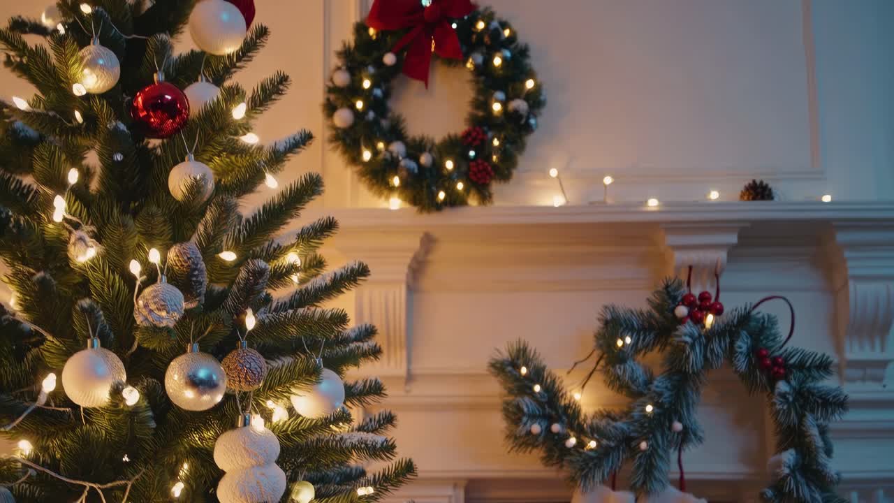 Cozy Christmas scene with a decorated tree and fireplace, captured from a side angle