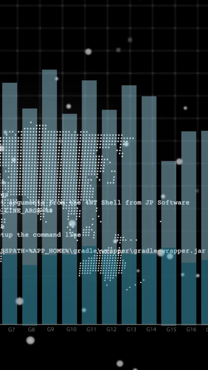 Animation of graph and data processing over world map on black background