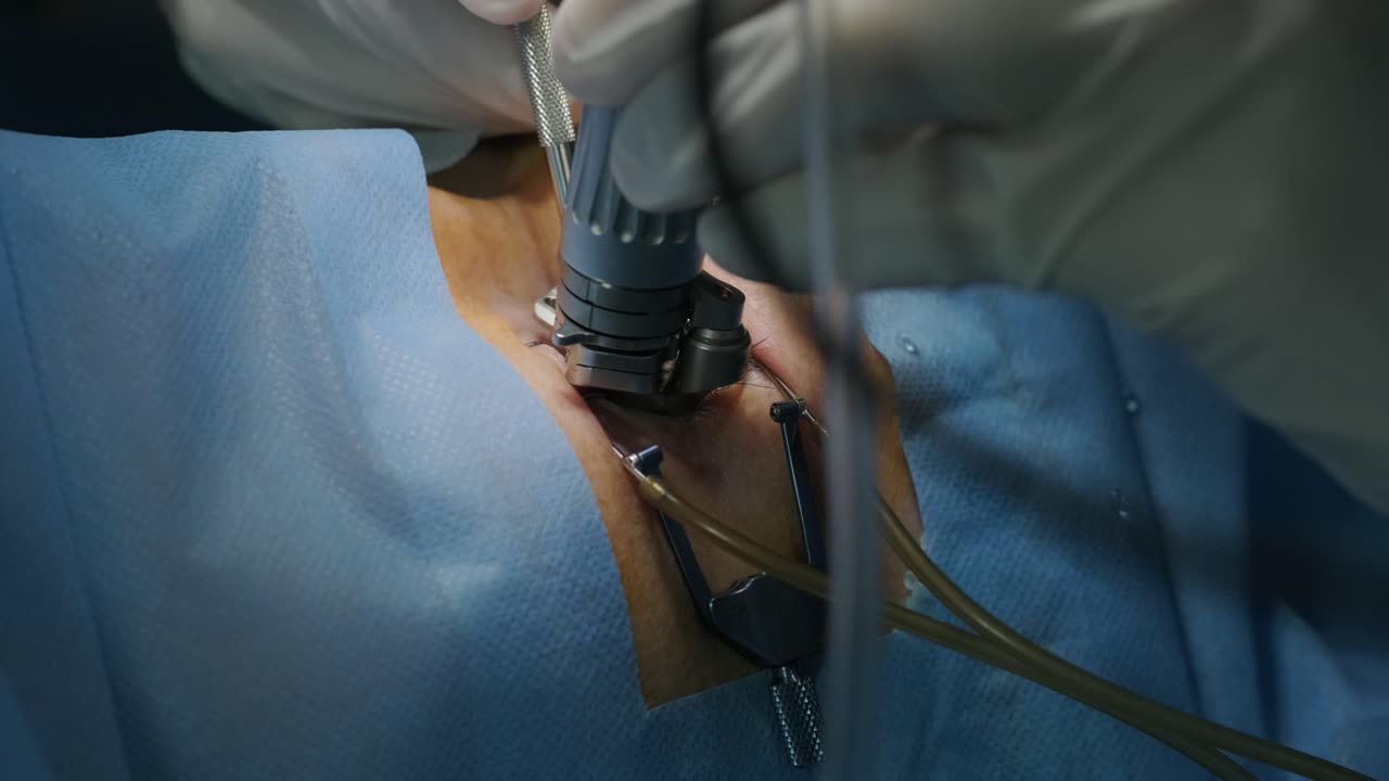 레이저 시력 교정: 안과 수술 중에 수술실에 있는 환자와 수술팀; 눈꺼풀 스럼; 라식 치료; 불임 개 아래의 환자