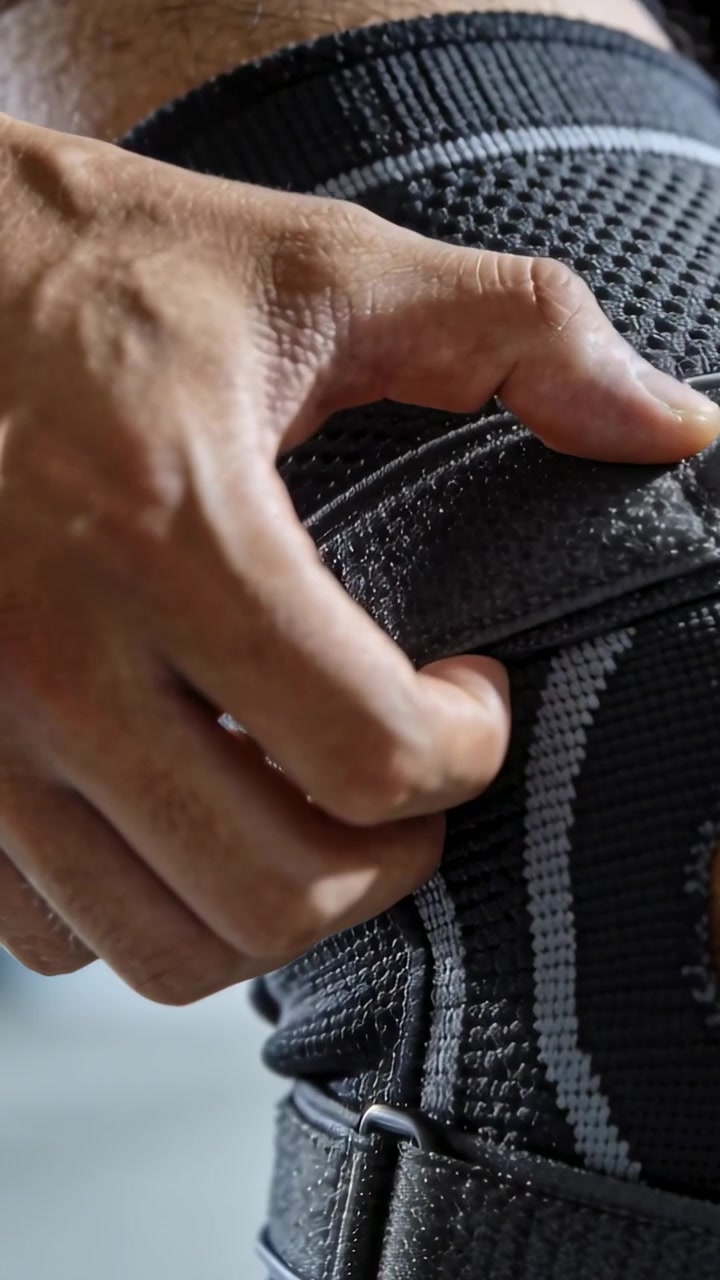Video verticale: Mano che si allunga per sistemare una ginocchiera in pantaloncini da palestra, fissando la cinghia in velcro per supporto