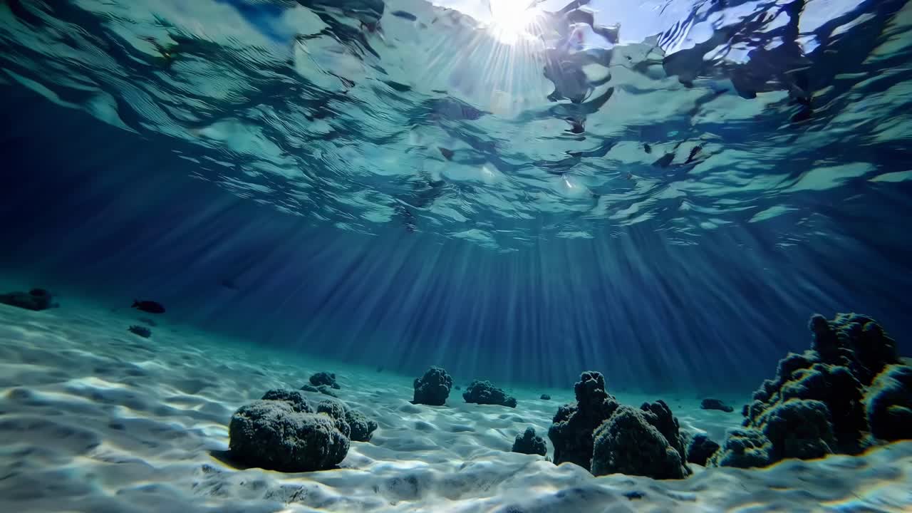 Underwater video scene with a wide-angle view capturing sunlight rays filtering through clear water