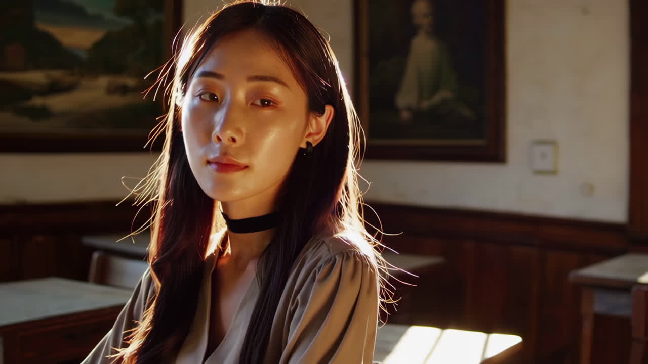 Young Woman in a Vintage Classroom