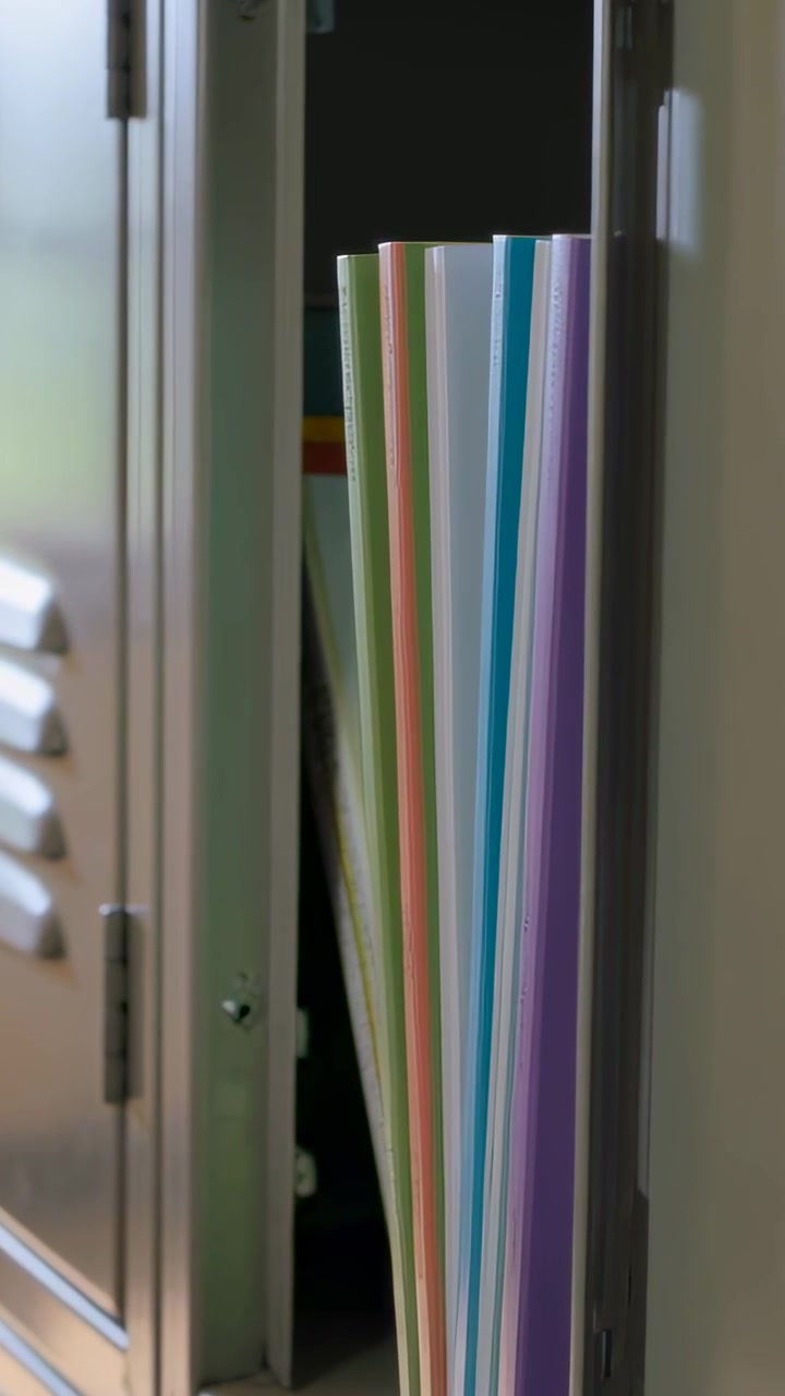 Verticaal video: Student opent kluisje, pakt pastelkleurige notities in en trekt roze rugzak op school.