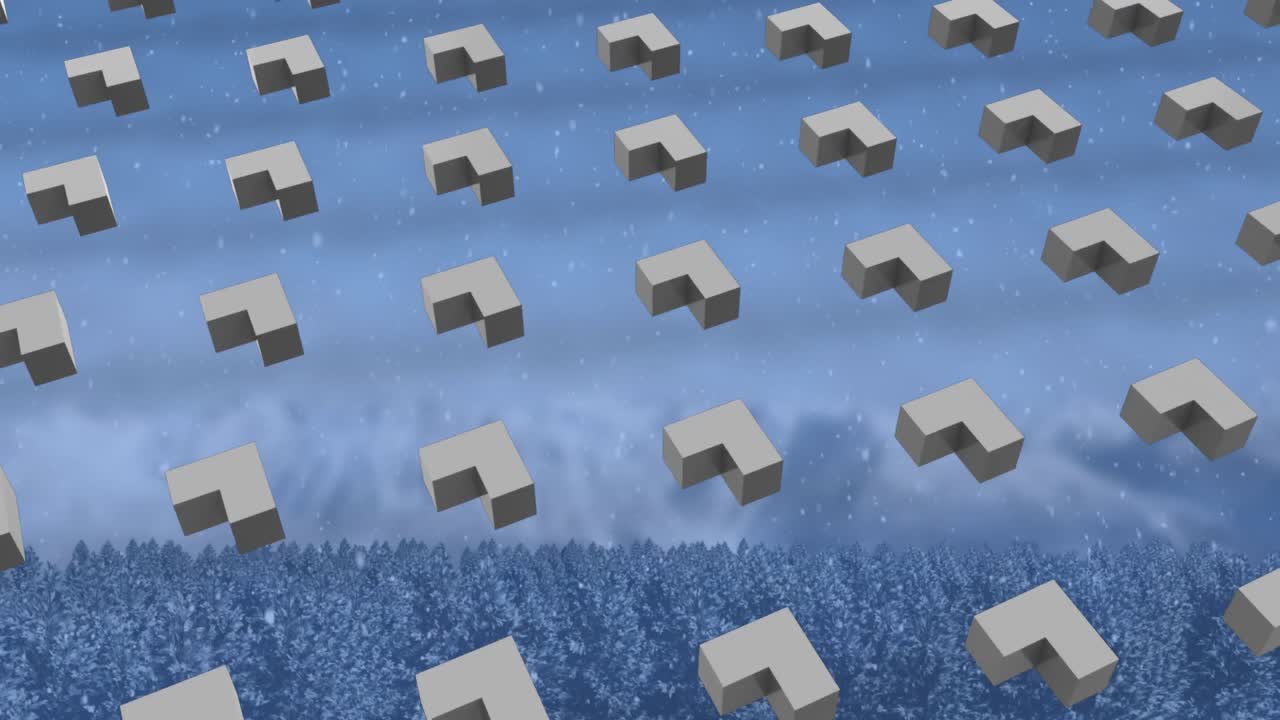추상적인 모양의 행의 애니메이션 패턴과 겨울 풍경에 떨어지는 크리스마스 눈