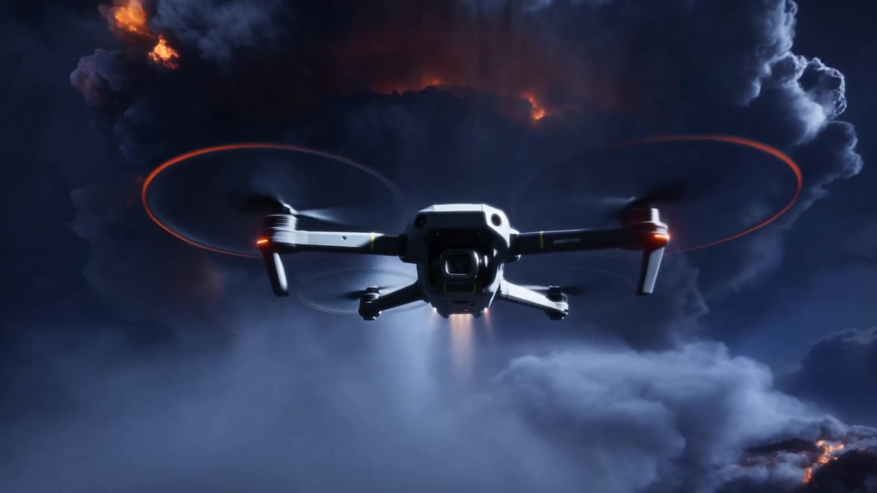 Nærmer sig quadcopter-drone flyver gennem billedet ved en stormsky, med lyn og rotorstriber