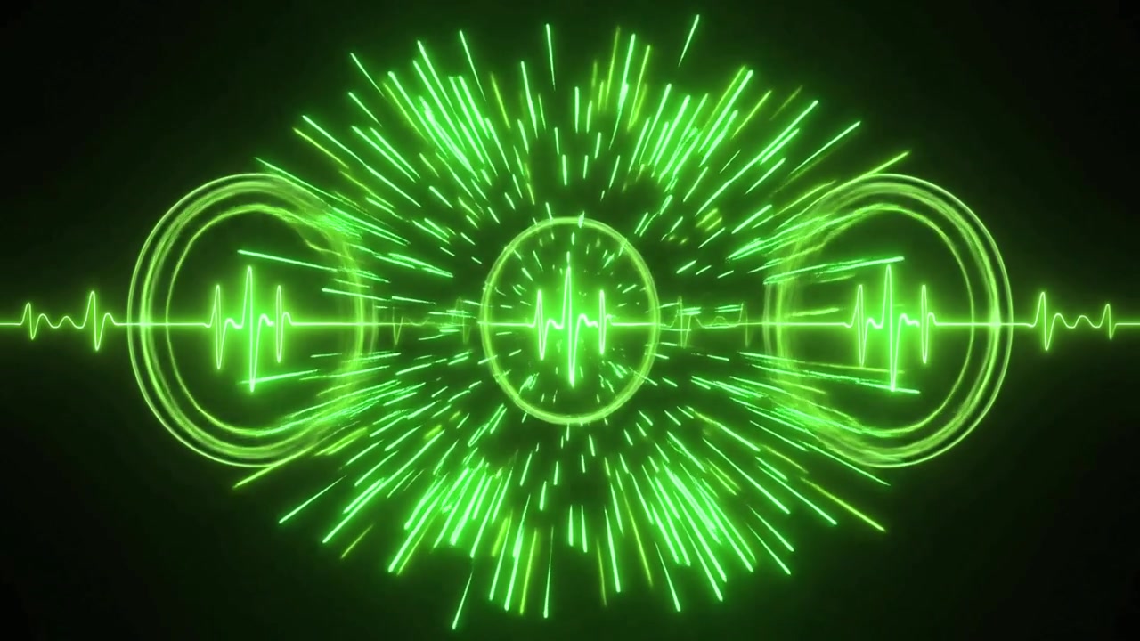 Abstract Green Neon Sound Wave Visualization with Radial Light Burst