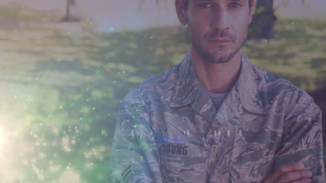animación de puntos de luz sobre un soldado masculino biracial