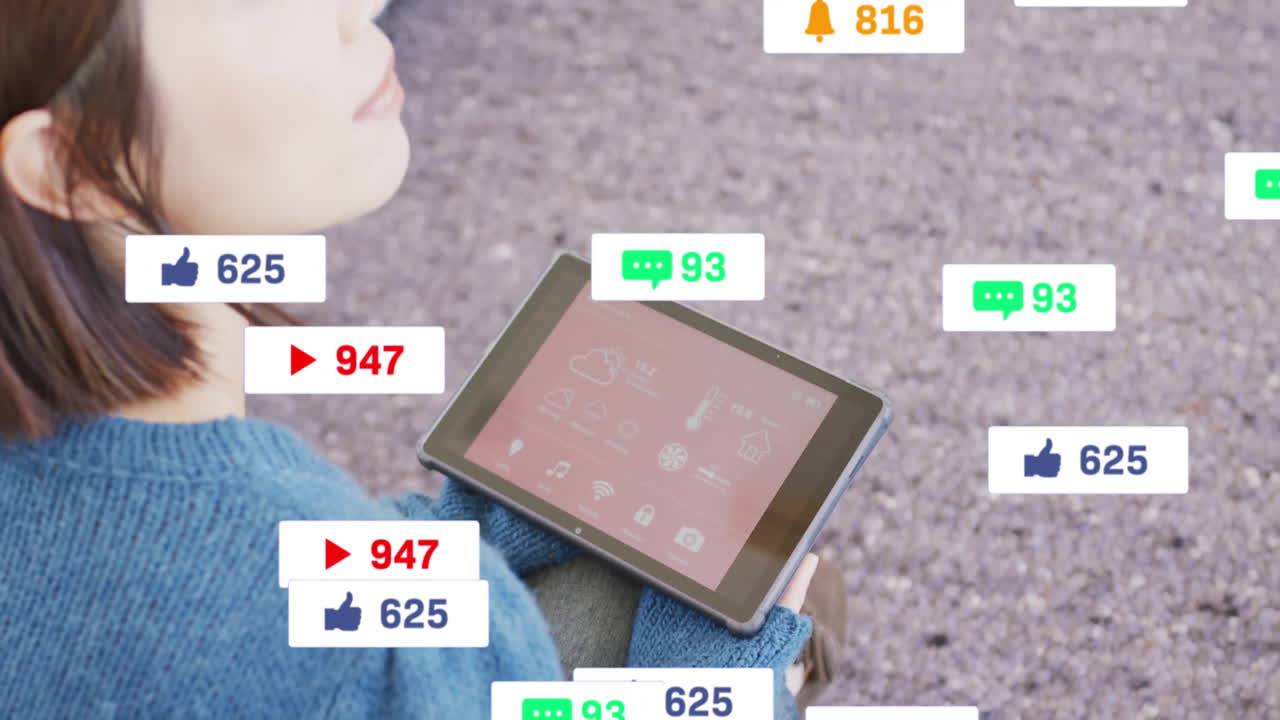 날씨 앱을 가진 태블릿을 들고 있는 사람 위의 소셜 미디어 알림 애니메이션